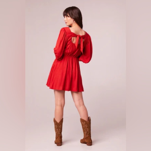 NWT Band Of The Free JOSETTE RED PUFF SLEEVE MINI DRESS Tie Back Elastic Waist - Picture 4 of 5